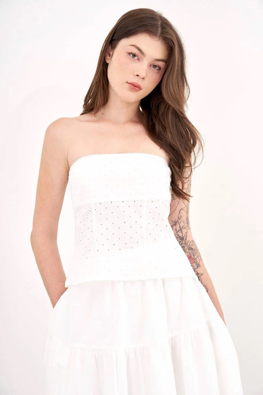 Floral Embroidery Tube Top - White - T0756