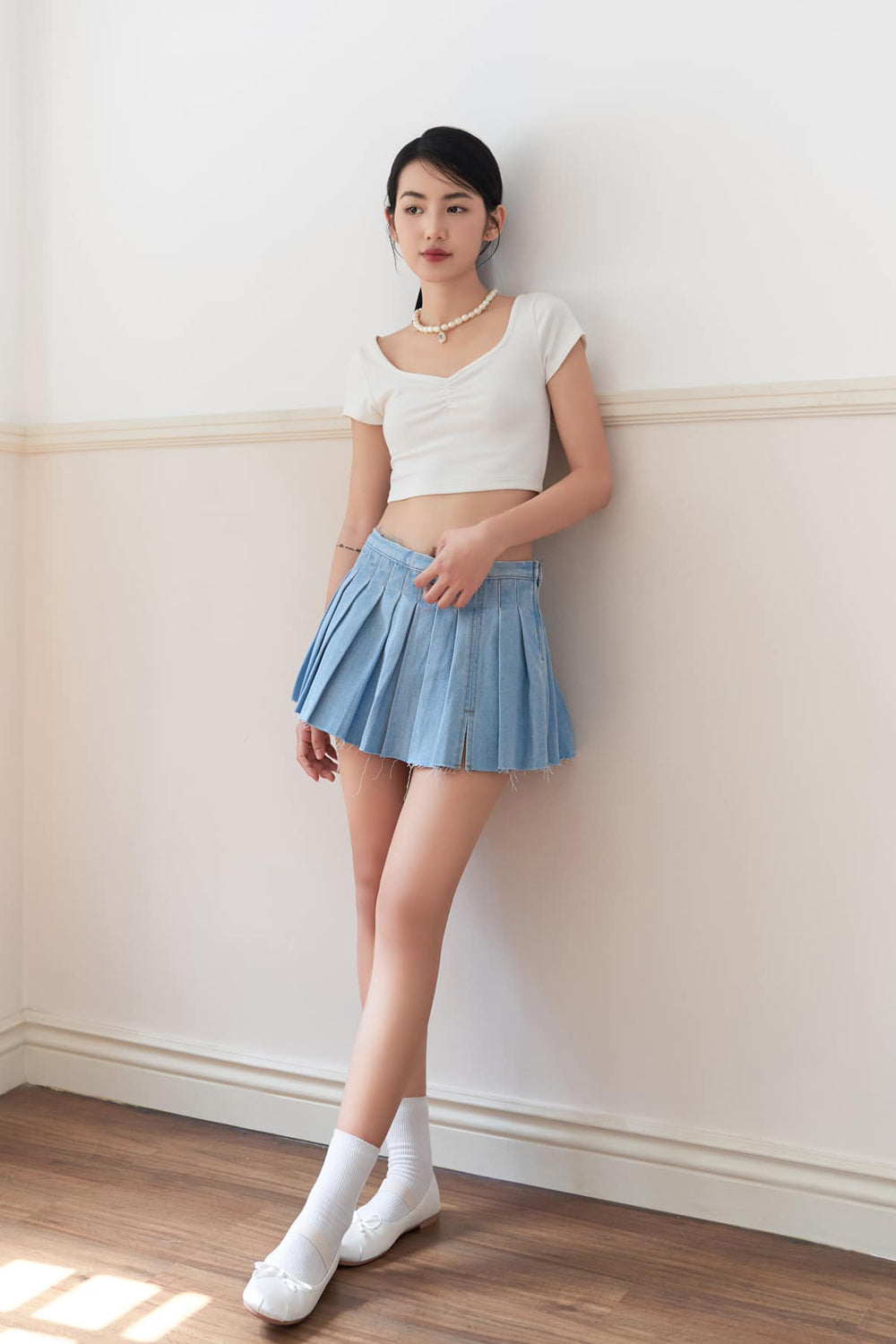 Pleated Denim Mini Skirt Light Blue - S0146