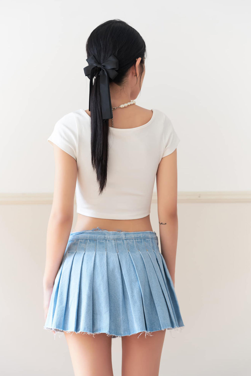 Pleated Denim Mini Skirt Light Blue - S0146